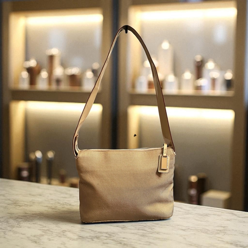 Celine Beige Patent Leather & Canvas Shoulder Bag